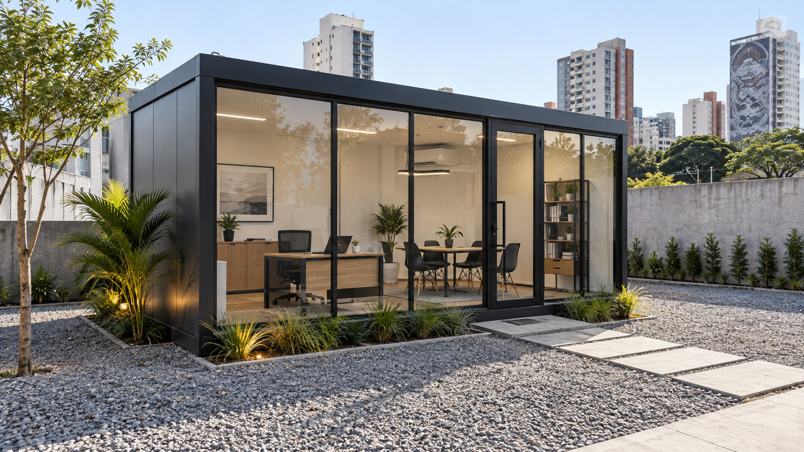 Visualização conceitual de escritório modular com frente de vidro em base de obra