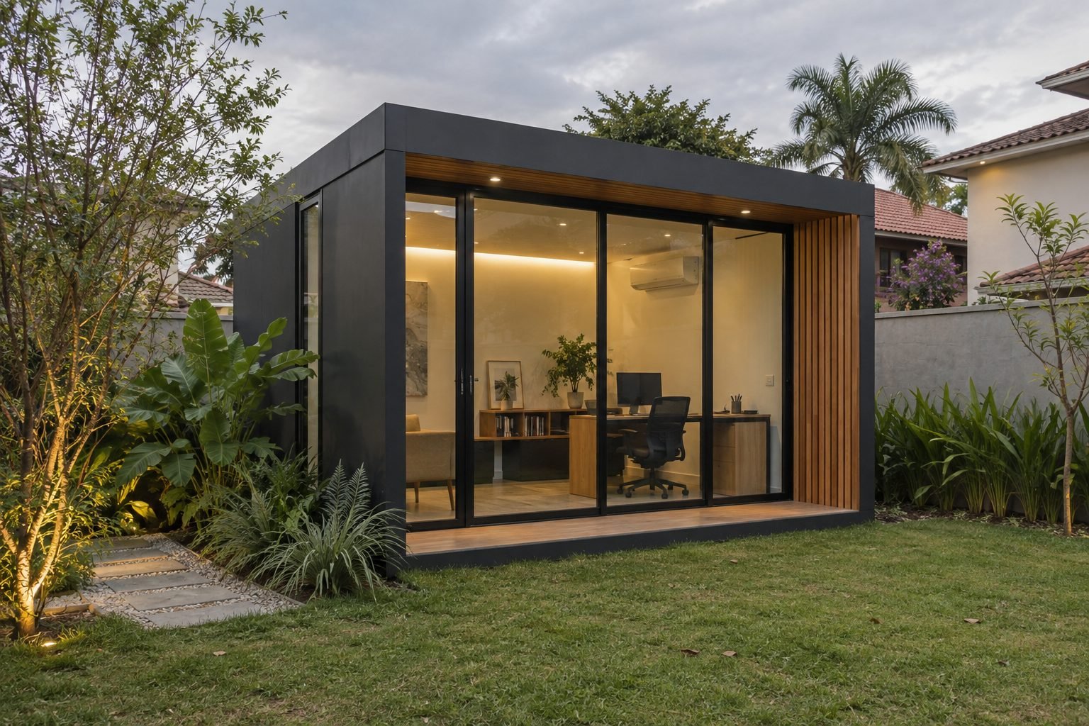 Imagem conceitual de escritório modular envidraçado em jardim residencial