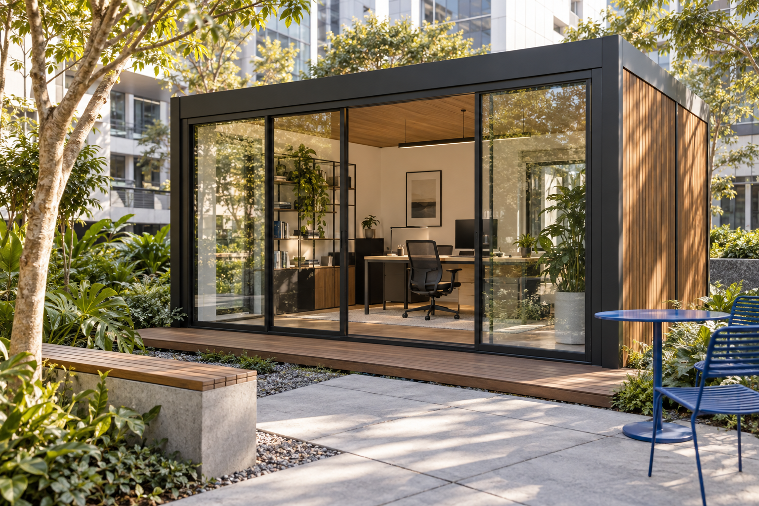 Pequeno espaço de trabalho modular em ambiente urbano, imagem conceitual