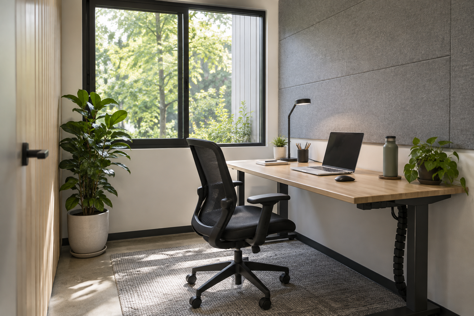 Interior de escritório compacto com mesa e iluminação natural, imagem conceitual