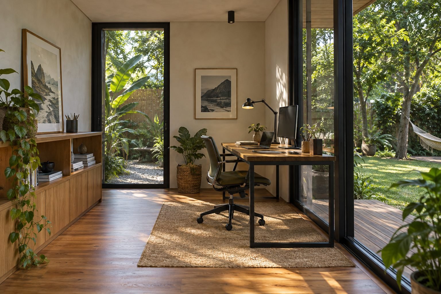 Imagem conceitual do interior de um escritório modular com mesa e vista para jardim