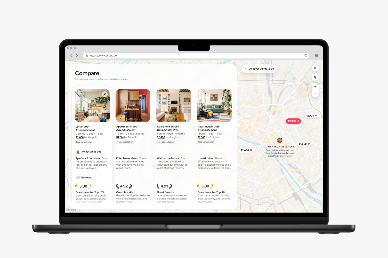 Tela de comparação de acomodações divulgada pelo Airbnb. Material oficial da interface, sem teste do recurso pelo blog.